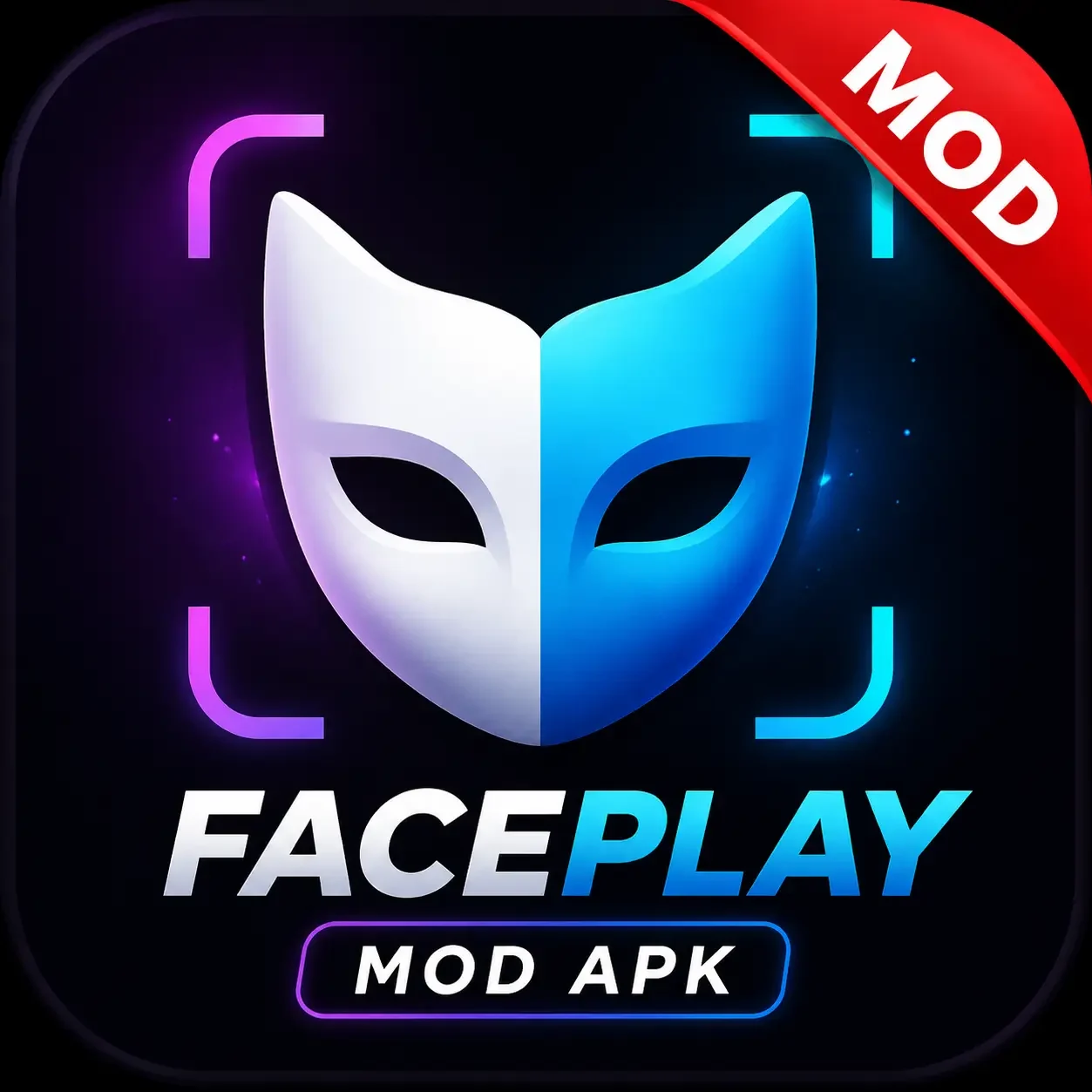 FACEPLAY MOD APK app icon featuring a blue and white theatrical face mask with a red MOD badge on a dark neon background, representing premium AI face swap features.
